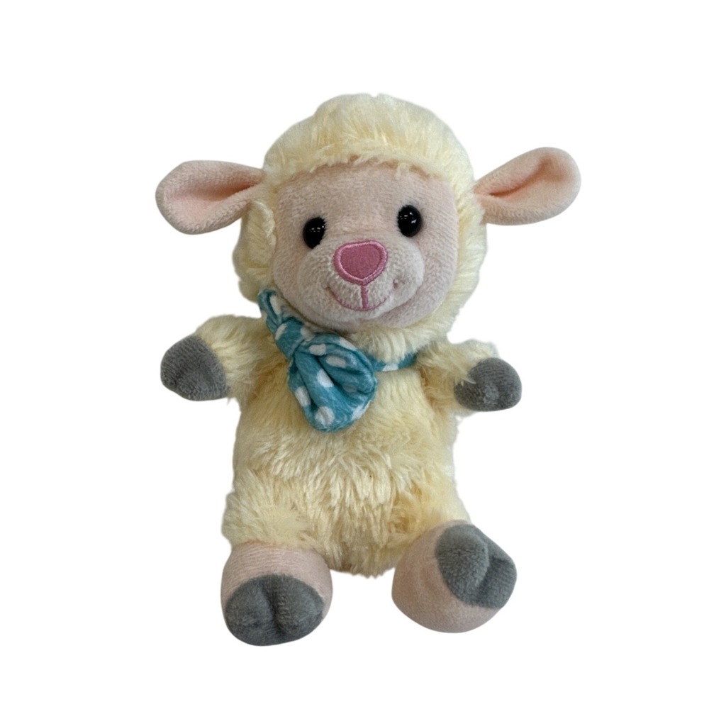 Walmart Lamb Plush Yellow Sheep Blue Polka Dot Bow Stuffed Animal Toy 6.5in